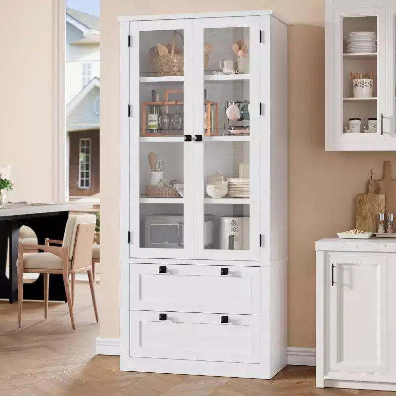 Farmhouse Kitchen Pantry Cabinet with Glass Doors, 72in Storage Cupboard with Drawers and Adjustable Shelves for Dining Room Bathroom Living Room