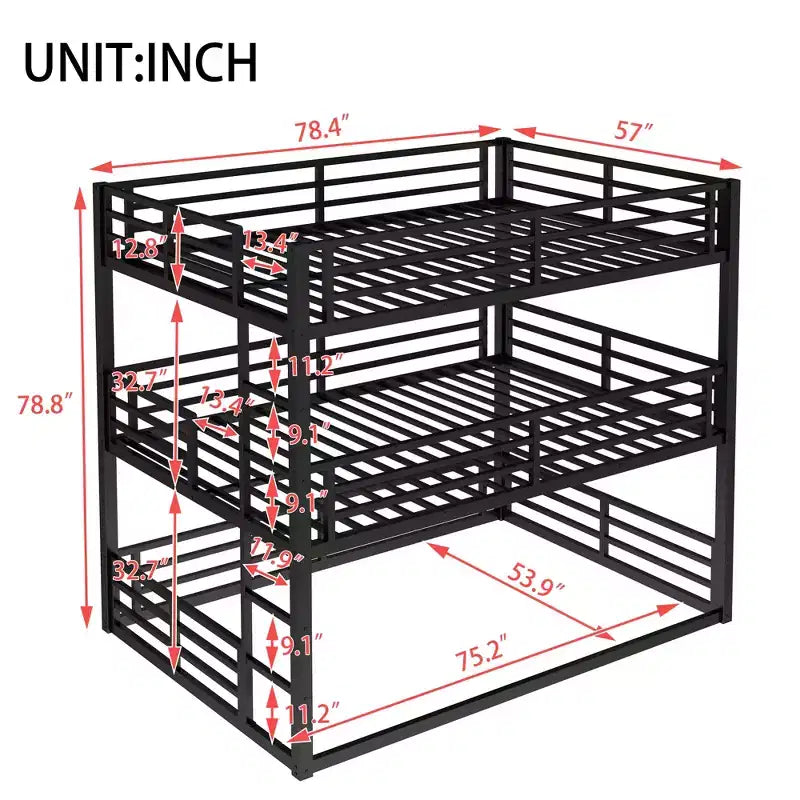 Full over Full over Full Bunk Bed, Metal Triple Bunk Bed with Safety Guardrails, Heavy-duty Bunk Bed with Noise-reduced Design, Black