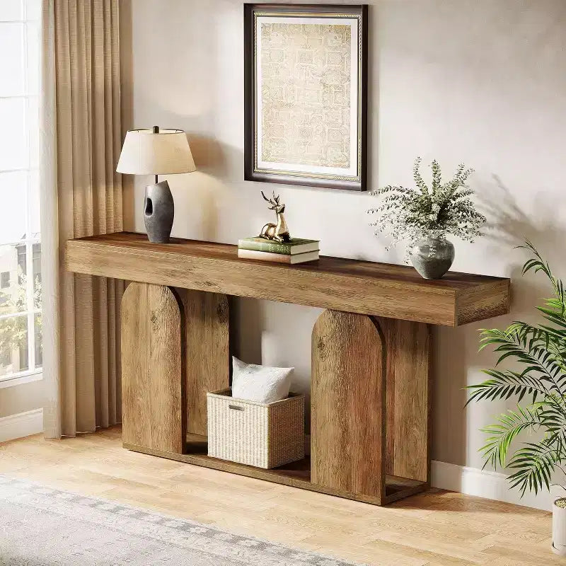 Lantine extra langer Landhaus-Konsolentisch, 70,9 Zoll, mit zweistöckigem Holzregal, geeignet für Flur, Wohnzimmer und Eingangsbereich, Vintage-Braun