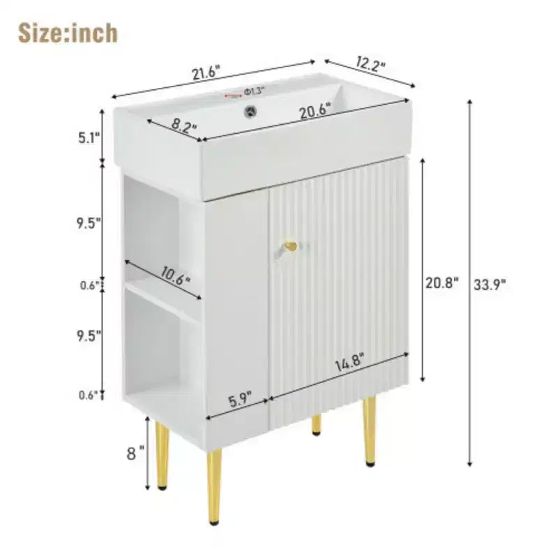 Meuble-lavabo de salle de bains blanc de 21,6, ensemble meuble, meuble de rangement de salle de bains, lavabo simple en céramique, rangement à gauche