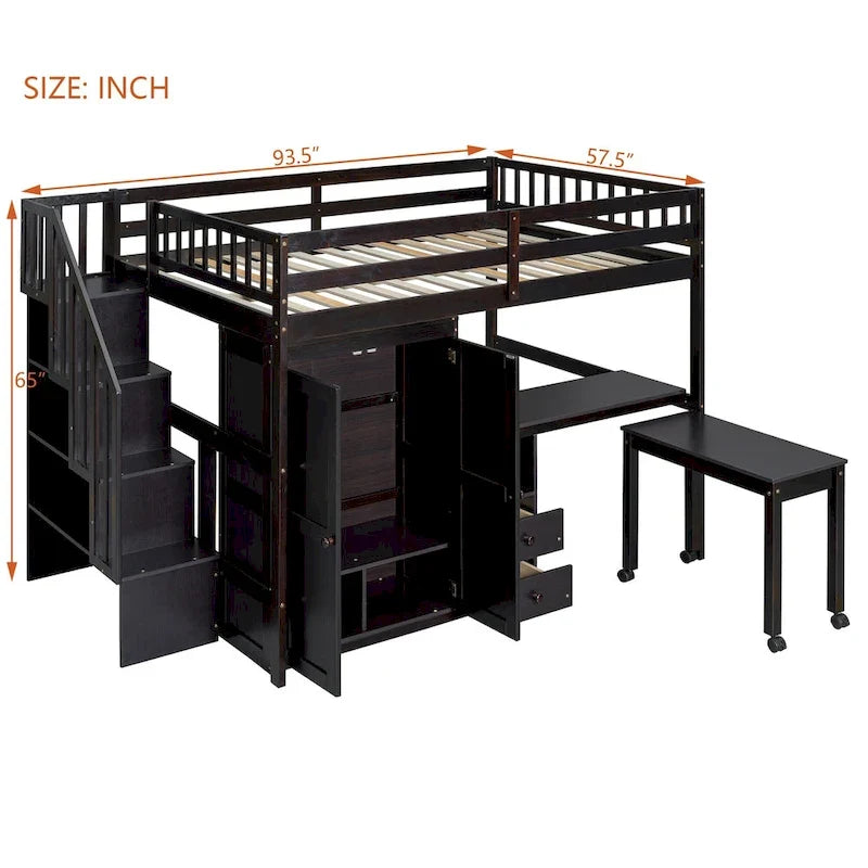Hochbett in Full-Size mit Treppe, Bücherregal, Schreibtisch und Kleiderschrank – platzsparendes Multifunktionsmöbel für Kinder und Jugendliche – Weiß