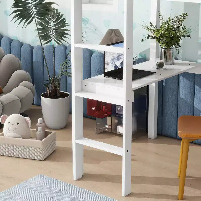 Okak Minimalism Loft Bed with Ladder, Rubber Wood Twin Loft Bed with Safety Guardrail and Build-In Desk, Bed Frames for Kids, Teenagers