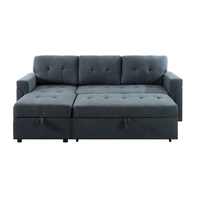 Divano componibile reversibile trasformabile con letto estraibile, chaise longue con contenitore nascosto e gambe resistenti