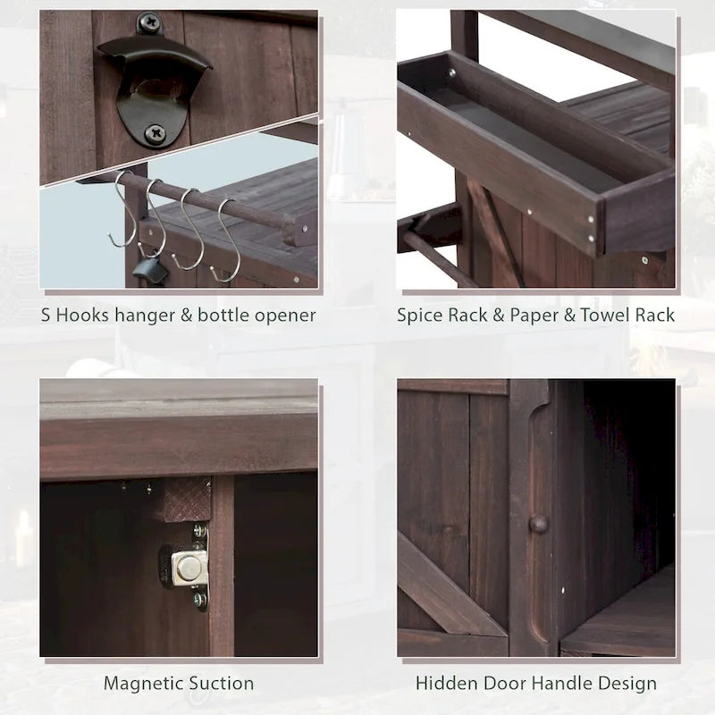 Isla de cocina para exteriores, carrito de bar con ruedas y gabinete de almacenamiento, mesa para parrilla de madera maciza con superficie de acero inoxidable, especiero y toallero
