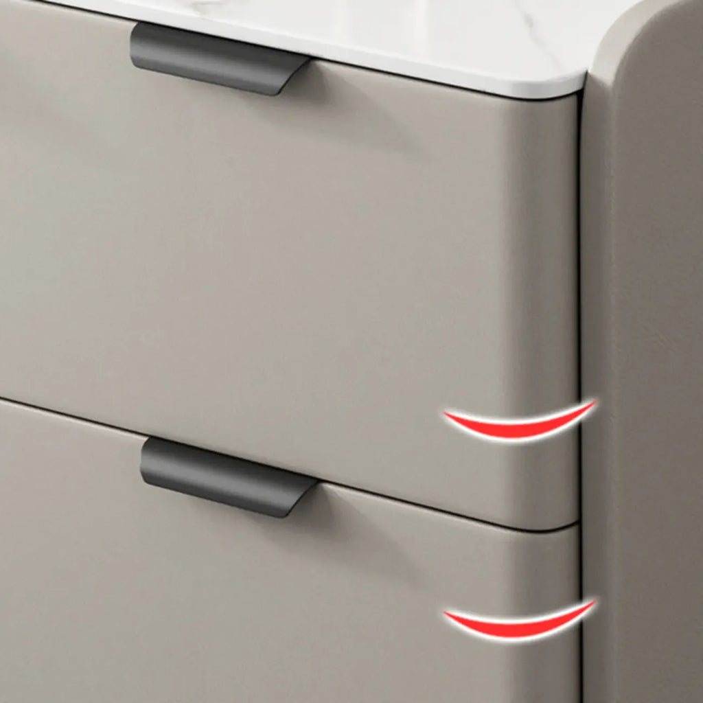 Tavolino laterale alto per divano, in legno a forma di L, con 4 cassetti e piano effetto pietra