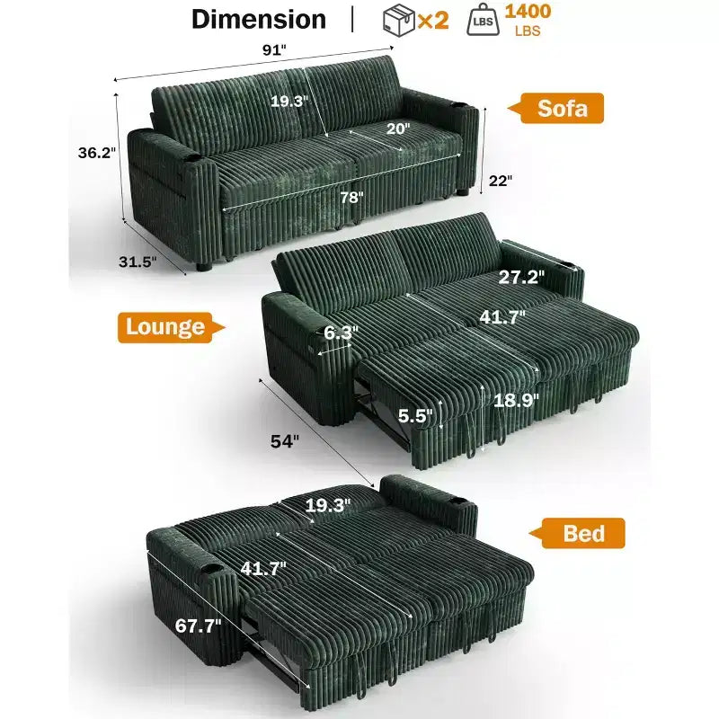 Dyonery 91-delige slaapbank met chaise longue en uitschuifbaar bed, verstelbare rugleuning/twee uitschuifbare bedden/USB-poorten/bekerhouders, zacht corduroy