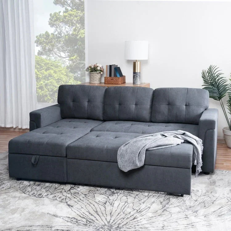 Divano componibile reversibile trasformabile con letto estraibile, chaise longue con contenitore nascosto e gambe resistenti