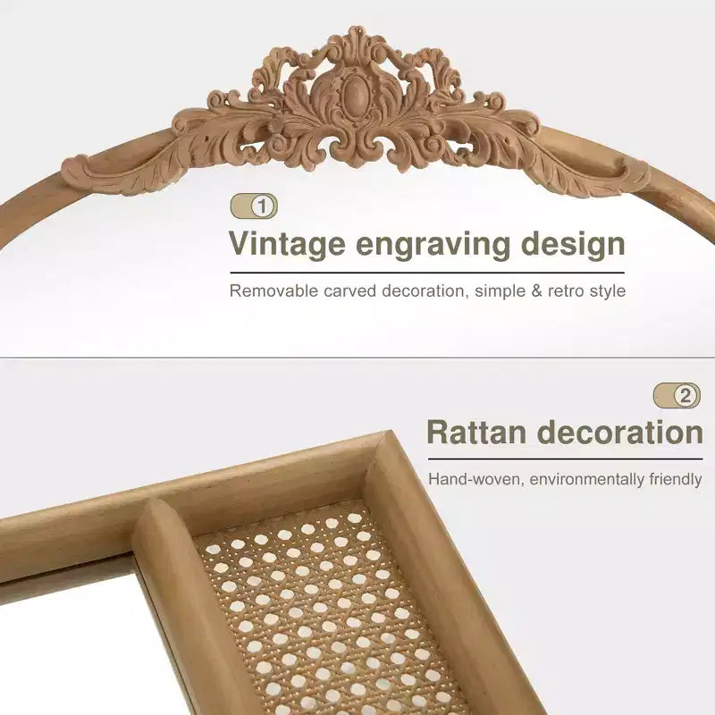 37 in. W x 71 in. H Classic Carved Arch Wood Frame with Rattan Bottom Wall Mirror in Brown