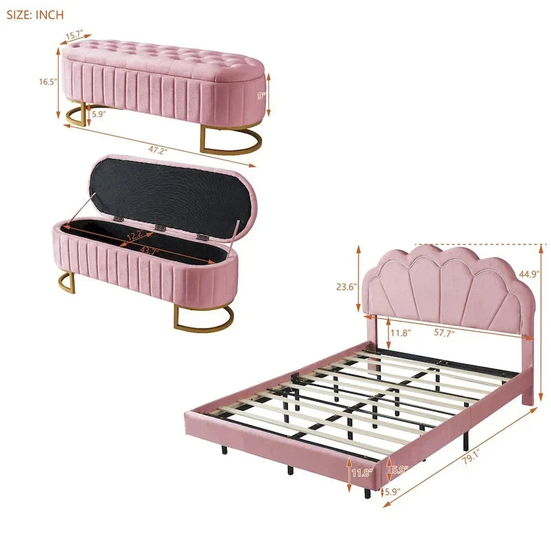 2-teiliges Schlafzimmer-Set: LED-Polsterbett in voller Größe mit Stauraumhocker
