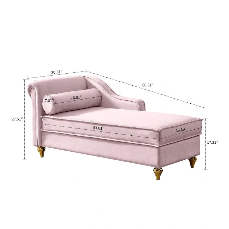 French Elegant Velvet Upholstered Storage Chaise Lounge Chair with a Pillow