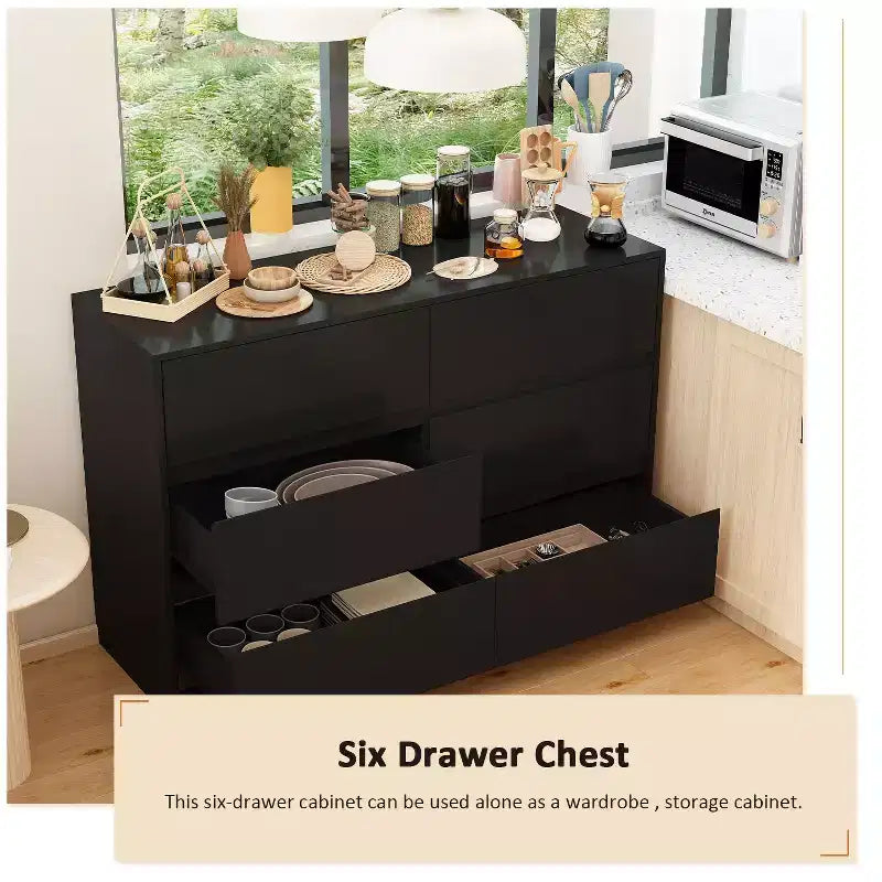 Smart Rotatable/Extendable Buffet Sideboard with 6 Drawers, Extended Countertop, Non-slip Mat, Rotating Dining Table, Kitchen Island Pantry