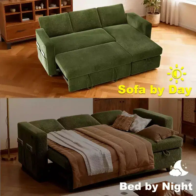 2-in-1-Ausziehsofa mit Stauraum und Ottomane, Chenille-Ecksofa mit USB-Anschlüssen für das Wohnzimmer