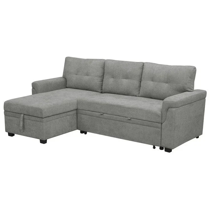 Divano componibile reversibile trasformabile con letto estraibile, chaise longue con contenitore nascosto e gambe resistenti