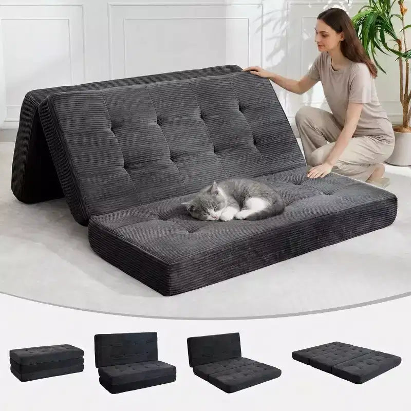 SunnyFurn 15,2 cm dreifach faltbares Matratzen-Sofa-Bett, 190,5 x 138 cm großes faltbares Schaumstoff-Gästebett mit Cordbezug und Knopfsteppung, tragbar für Camping, Wohnzimmer und Schlafzimmer