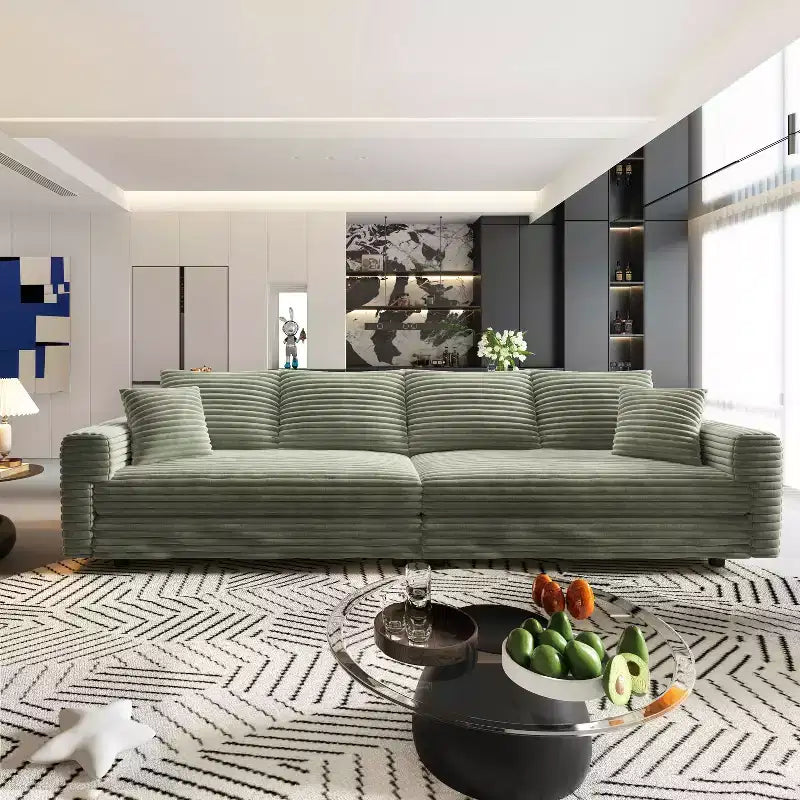 102.4 Pluszowa sztruksowa rozkładana sofa 4-osobowa z pufami - zielona