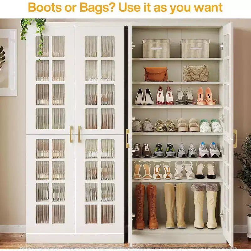 Lantine Tall Shoe Cabinet with Doors, 8-Tier Shoe Storage with Adjustable Shelves, Modern Shoe Rack Cabinet for Hallway, Closet, Living Room, White