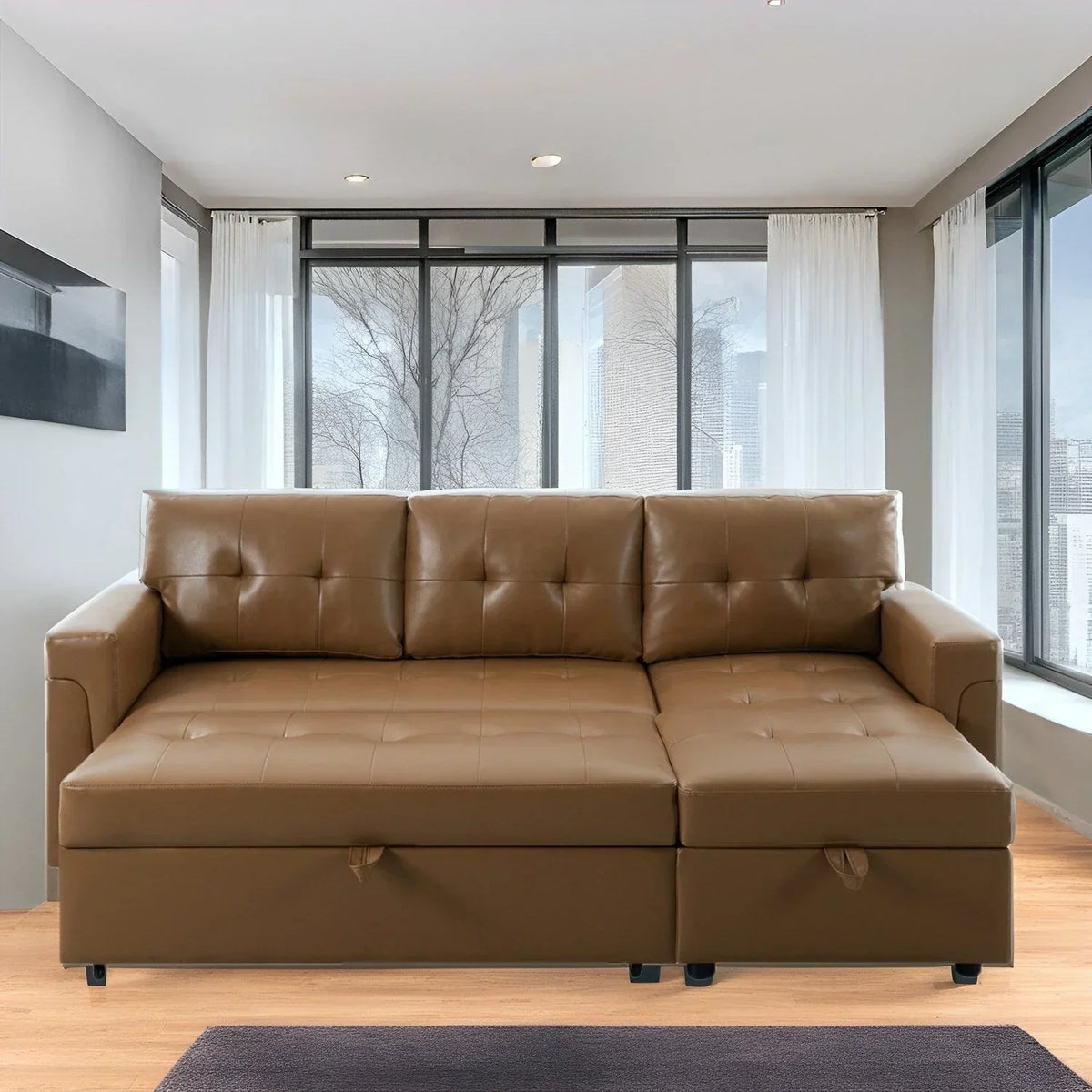 Divano componibile reversibile trasformabile con letto estraibile, chaise longue con contenitore nascosto e gambe resistenti