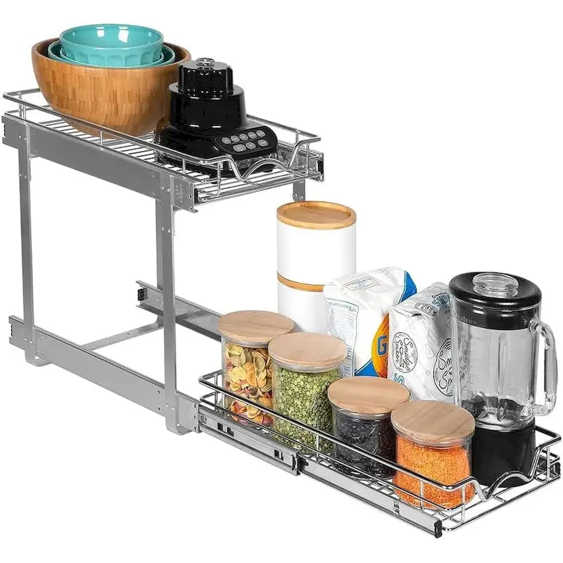 Pull Out Cabinet Organizer 2 Tier  Heavy Duty Metal with Lifetime Limited Warranty - Anti Rust Chrome Finish