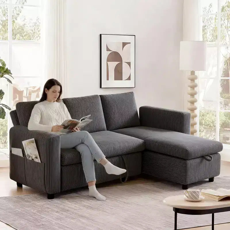 Dyonery 2-in-1-Schlafsofa zum Ausziehen mit Stauraum und Récamiere, Cord-Ecksofa mit USB-Anschlüssen für das Wohnzimmer