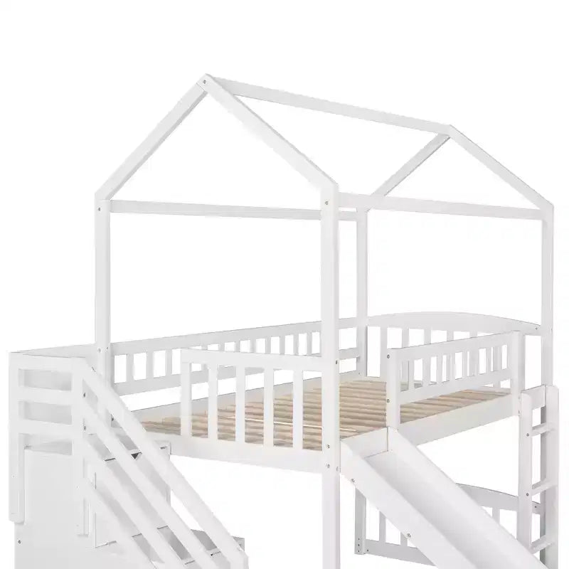 Twin House Loft Bed with Slide and Stairs, Loft Bed with Storage Drawers, Wood Cabin Loft Bed for Kids Toddlers