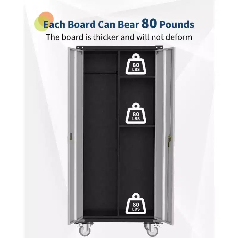 Garage Storage Cabinet with Wheels & Pegboard, 72 H Locking Metal Storage Cabinet with 2 Doors & 4 Adjustable Shelves for Garage Workshop