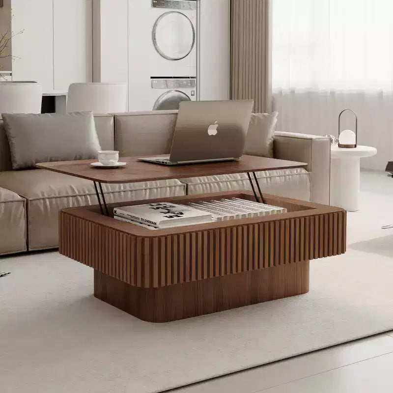 JVNOXK 38,6'' gecanneleerde salontafel met liftblad en opbergruimte, moderne accenttafel van massief houtfineer met verstelbare hoogte voor woonkamer en slaapkamer, walnootkleur