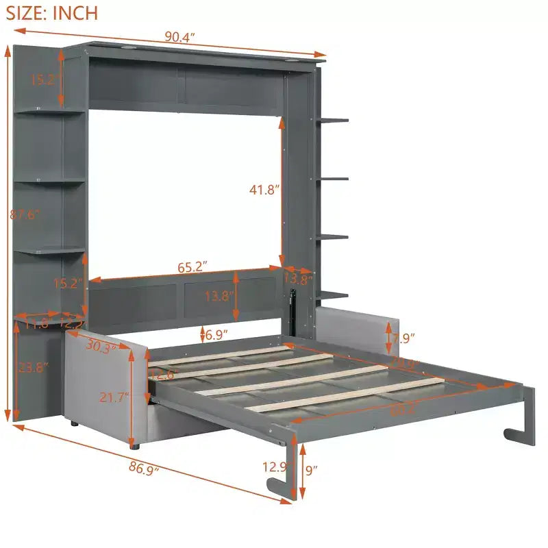Lit escamotable mural Whisen au format queen, avec cadre en bois, canapé et étagères, au design moderne