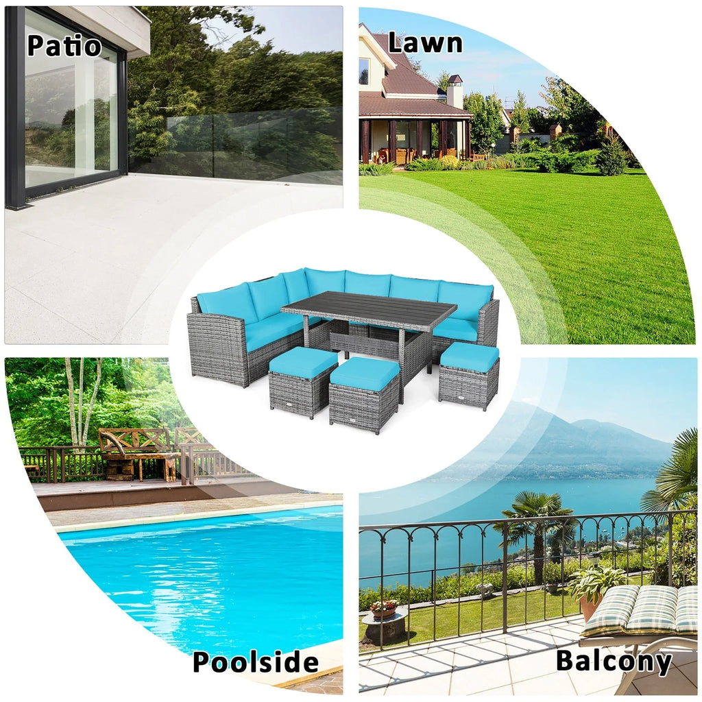 Costway 7-delige eethoek voor de patio van rotan, modulaire bank, fauteuil en voetenbank - Bekijk de details