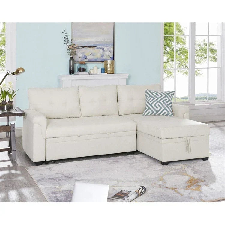 Divano componibile reversibile trasformabile con letto estraibile, chaise longue con contenitore nascosto e gambe resistenti