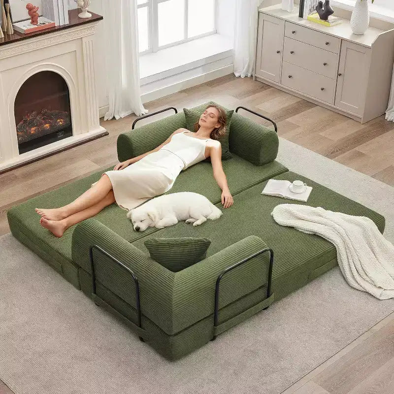 2-in-1-Schlafsofa, bequemes klappbares Cordsofa mit tiefer Sitzfläche und breiten Armlehnen, rahmenloses Sofa für Wohnzimmer und Wohnungen