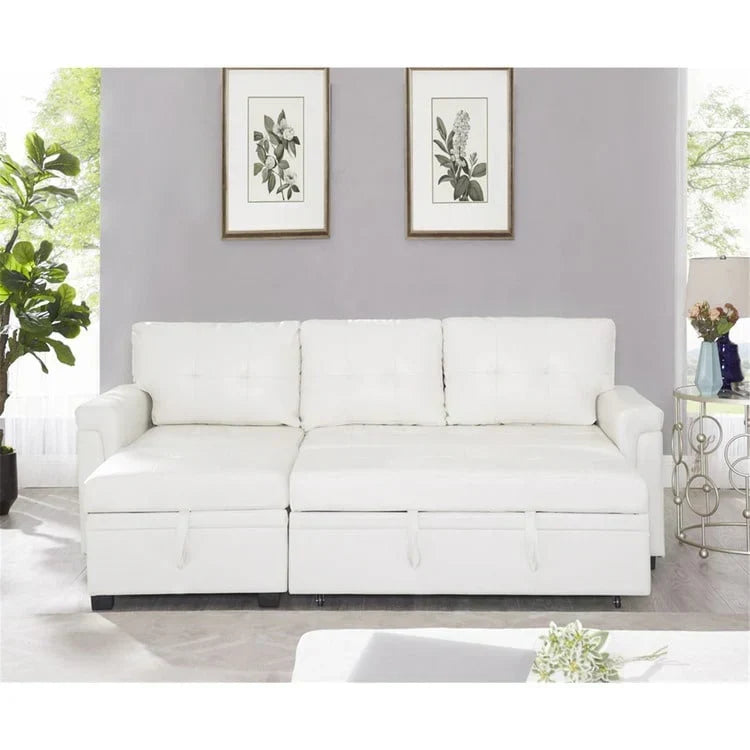 Divano componibile reversibile trasformabile con letto estraibile, chaise longue con contenitore nascosto e gambe resistenti