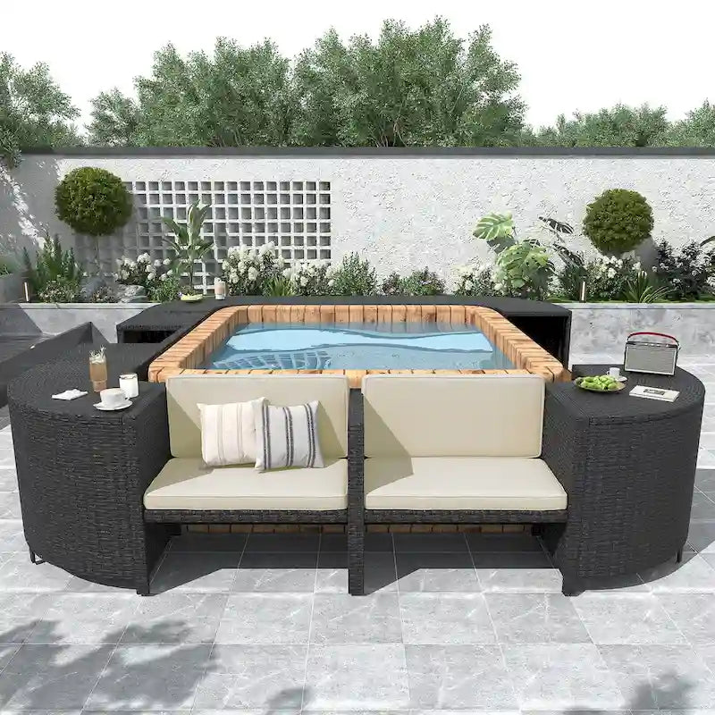 Vierkante loungeset van rotan voor buiten met spa-omlijsting en frame