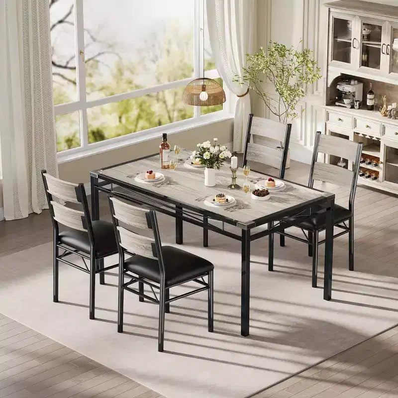 Eettafelset voor 4 personen met 4 gestoffeerde stoelen, houten keukeneettafelset van 5 delen met hoekbescherming voor keuken, appartement en kleine ruimtes