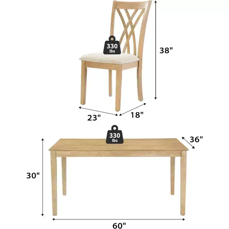 Set da pranzo Zevemomo da 7 pezzi in legno massello con 6 sedie imbottite, set tavolo e sedie salvaspazio per sala da pranzo e cucina, colore legno naturale