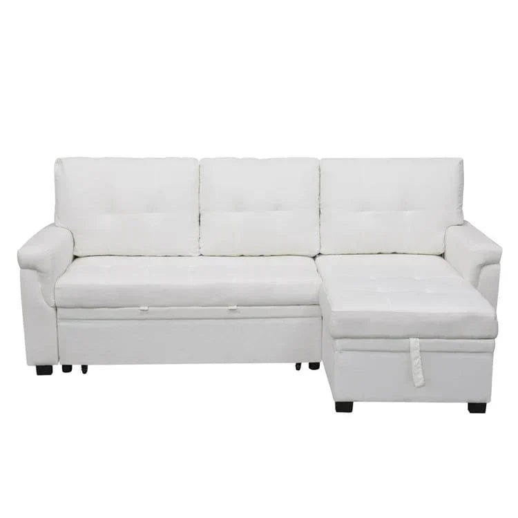 Divano componibile reversibile trasformabile con letto estraibile, chaise longue con contenitore nascosto e gambe resistenti