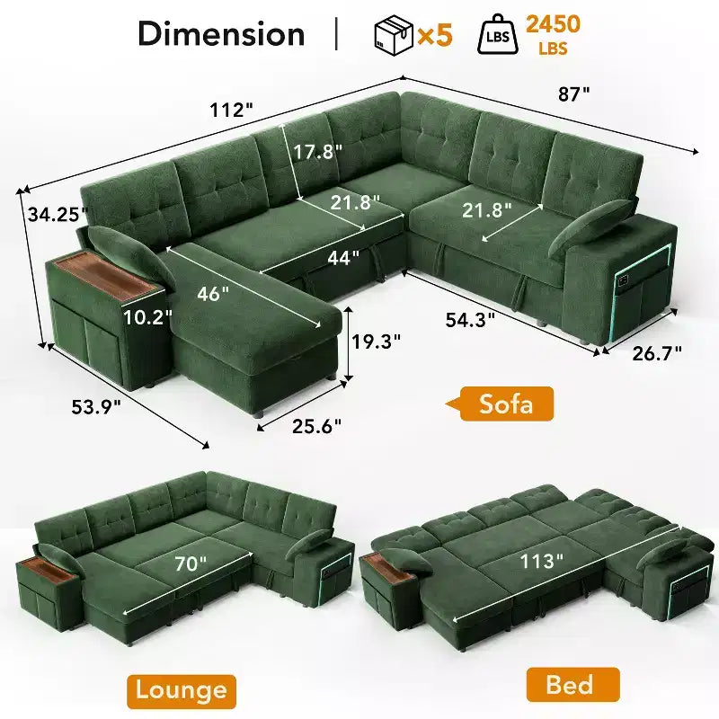 Dyonery 112 Modular Sectional Sleeper Sofa with Pull Out Bed,U-Shaped Sectional Couch with Storage,Extra Wide & Deep Seat Couches for Living Room