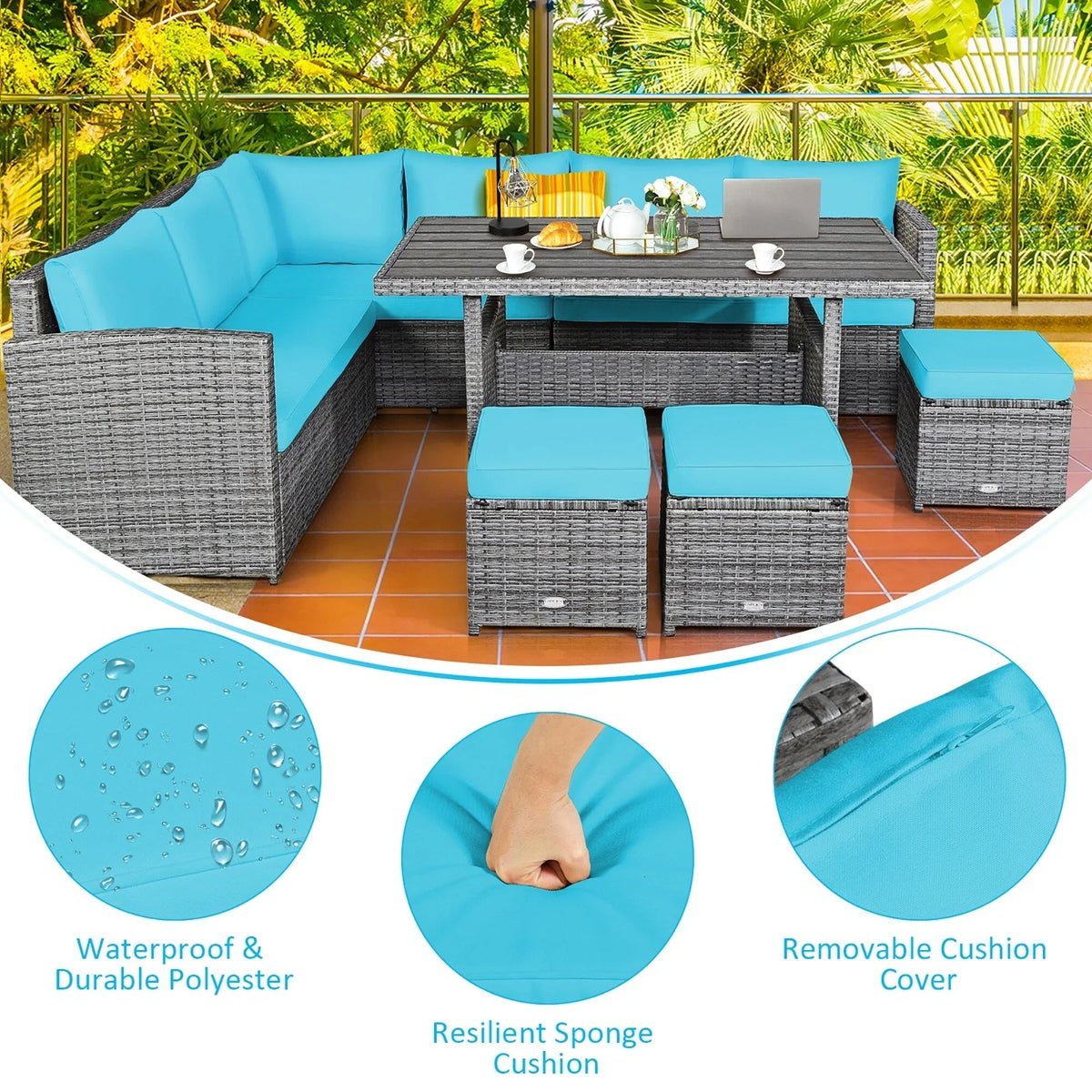Costway 7-delige eethoek voor de patio van rotan, modulaire bank, fauteuil en voetenbank - Bekijk de details