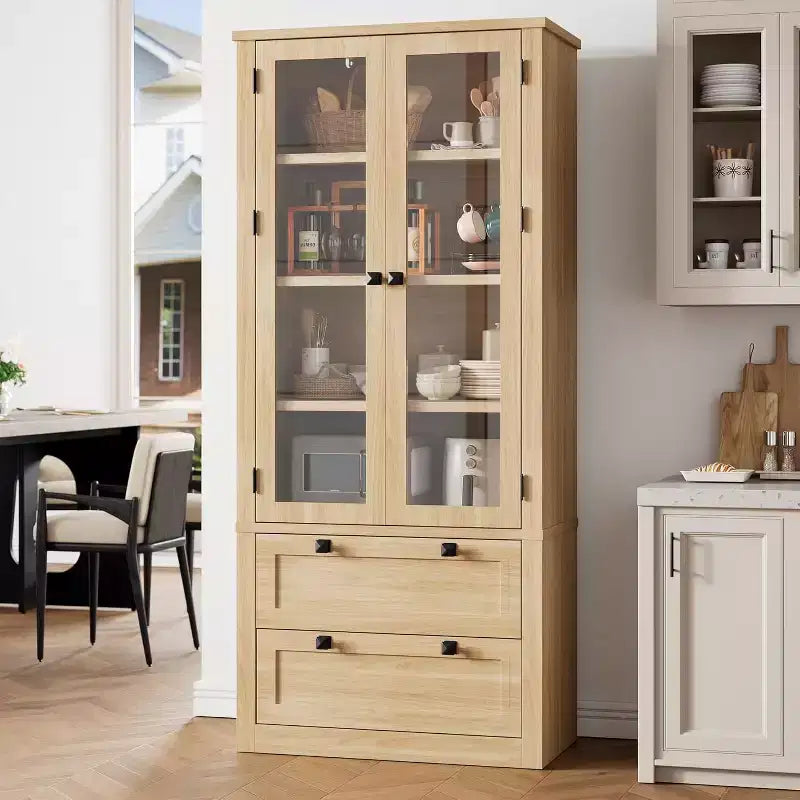 Farmhouse Kitchen Pantry Cabinet with Glass Doors, 72in Storage Cupboard with Drawers and Adjustable Shelves for Dining Room Bathroom Living Room
