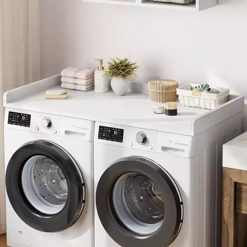 Aanrechtblad voor wasmachine en droger, wasruimteblad met opstaande rand en antislipmat voor opbergruimte voor wasmanden en organisatie van de wasruimte