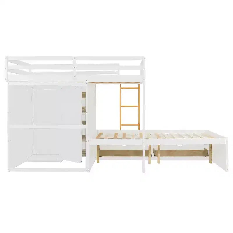 Full over Full Bunk Bed with Storage Wardrobe and Drawers, Full Size Wood Space-Saving Bunk Bed with Guardrail for Apartment, Bedroom