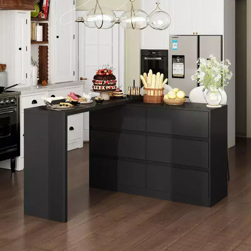 Smart Rotatable/Extendable Buffet Sideboard with 6 Drawers, Extended Countertop, Non-slip Mat, Rotating Dining Table, Kitchen Island Pantry
