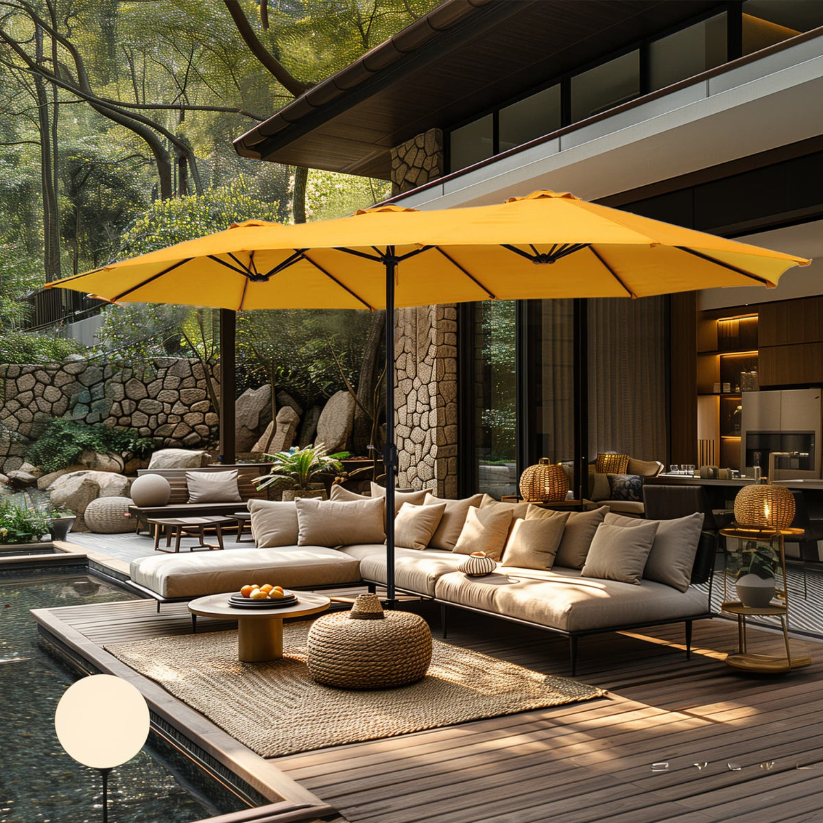 MAISON ARTS dubbele parasol voor terras, 15 ft, extra groot, tweepersoons, inclusief voet