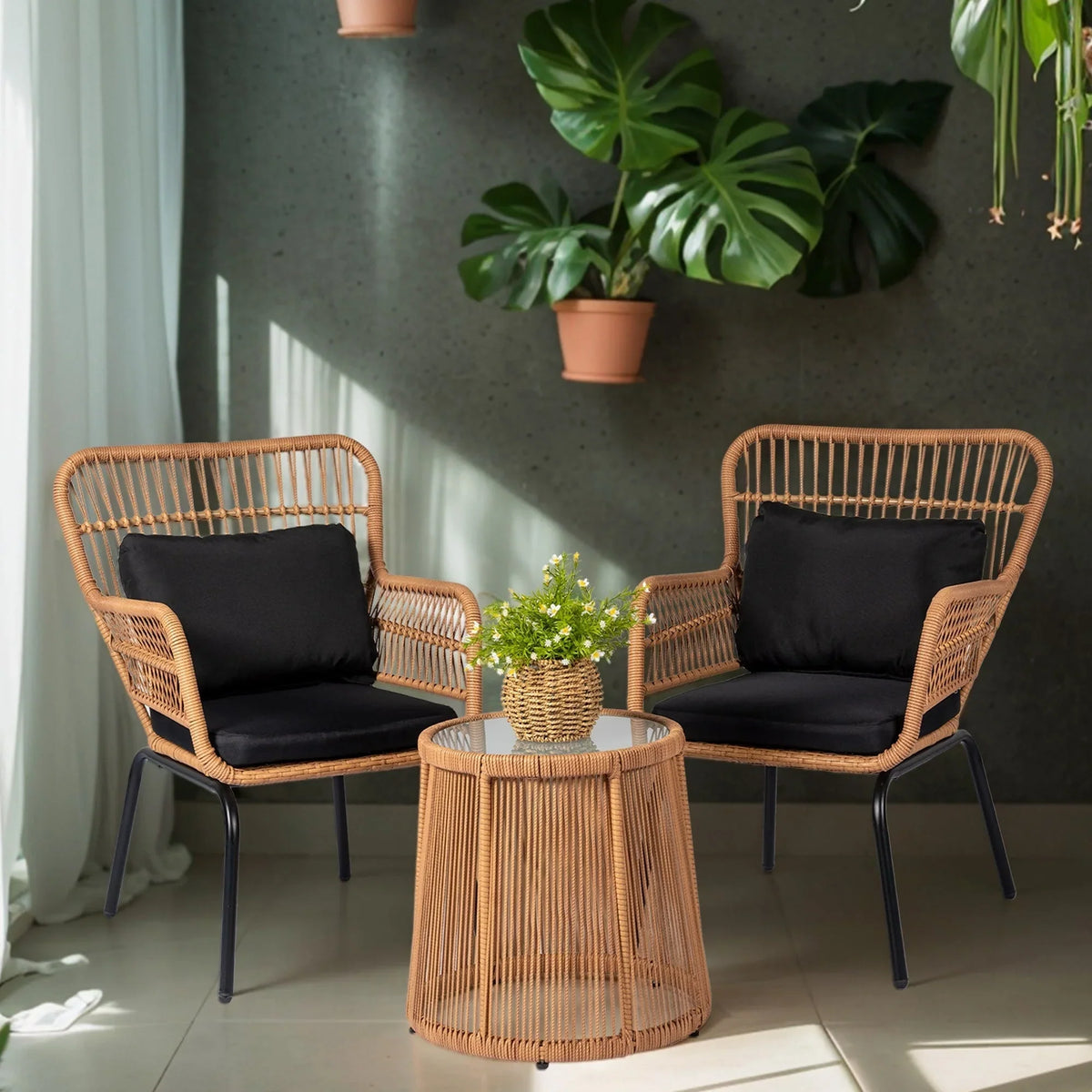 3 Piece Outdoor Wicker Conversation Bistro Set, All-Weather Rattan Furniture Patio Chairs Set with Cushions