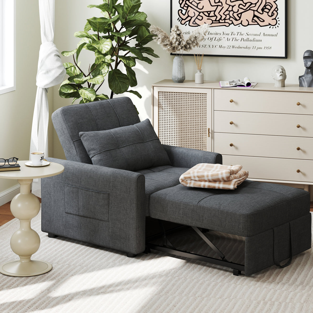 3-in-1-Schlafsofa mit verstellbarer Rückenlehne, ausziehbarer Sessel, umwandelbares Klappbett fürs Wohnzimmer