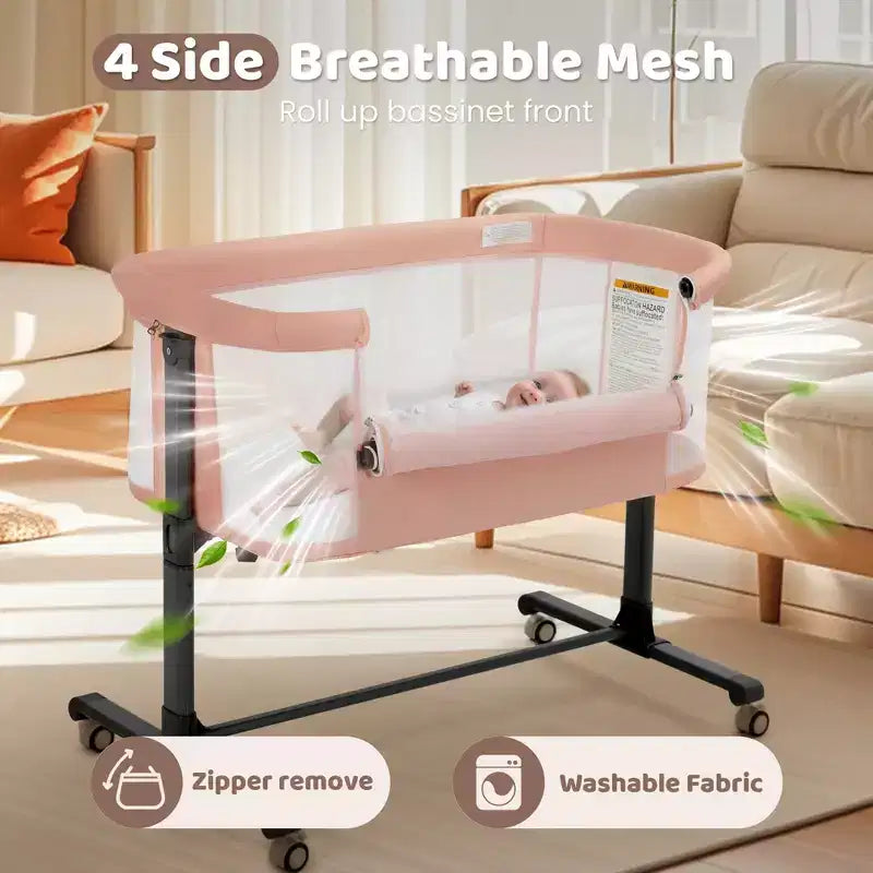 Babywiegje met wielen – beige / grijs / roze, wiegje naast het bed, voor 1 baby