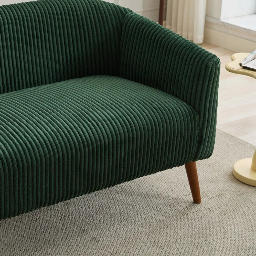 2-zitsbank met bekleding van corduroy en houten poten in walnootkleur