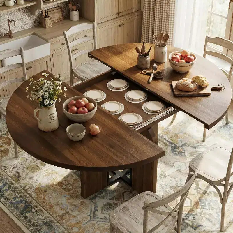 Table à manger ronde extensible de 47 à 63 po pour 4 à 8 personnes, table de cuisine extensible en bois de style champêtre avec structure en métal, table ovale gain de place pour appartement, gris rétro
