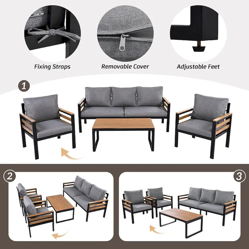 4-Piece Outdoor Sofa Set for 5 with Solid Wood Coffee Table and Removable Cushions