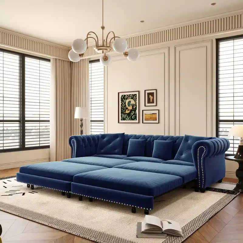 Whisen Samt-Schlafsofa in King-Size mit Ausziehfunktion und 3-in-1-Funktion, wandelbares Schlafsofa mit beweglichem Hocker und Steppdesign