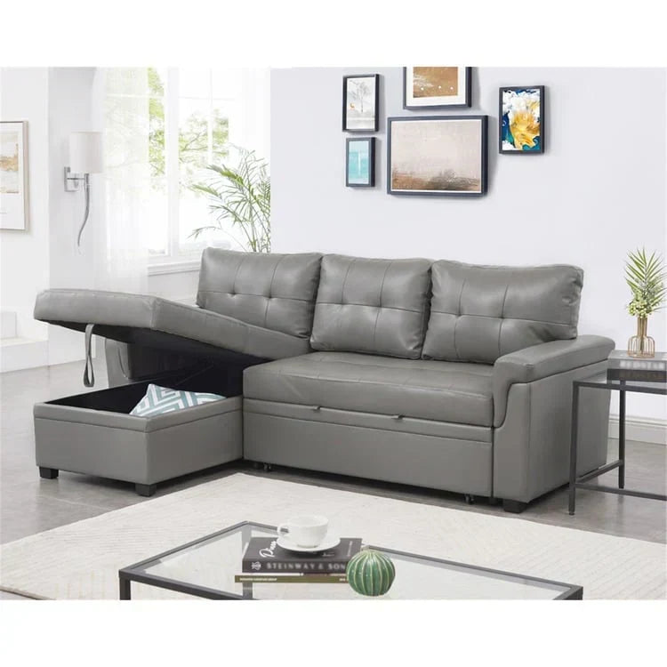 Divano componibile reversibile trasformabile con letto estraibile, chaise longue con contenitore nascosto e gambe resistenti